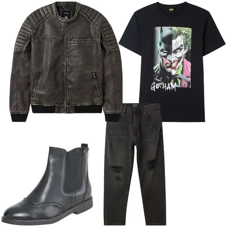 Outfit uomo - Gotham. Stile Biker Rock per Tutti i giorni. Abbinamento con jeans strappati, stivali e stivaletti, t-shirt, giacche.
