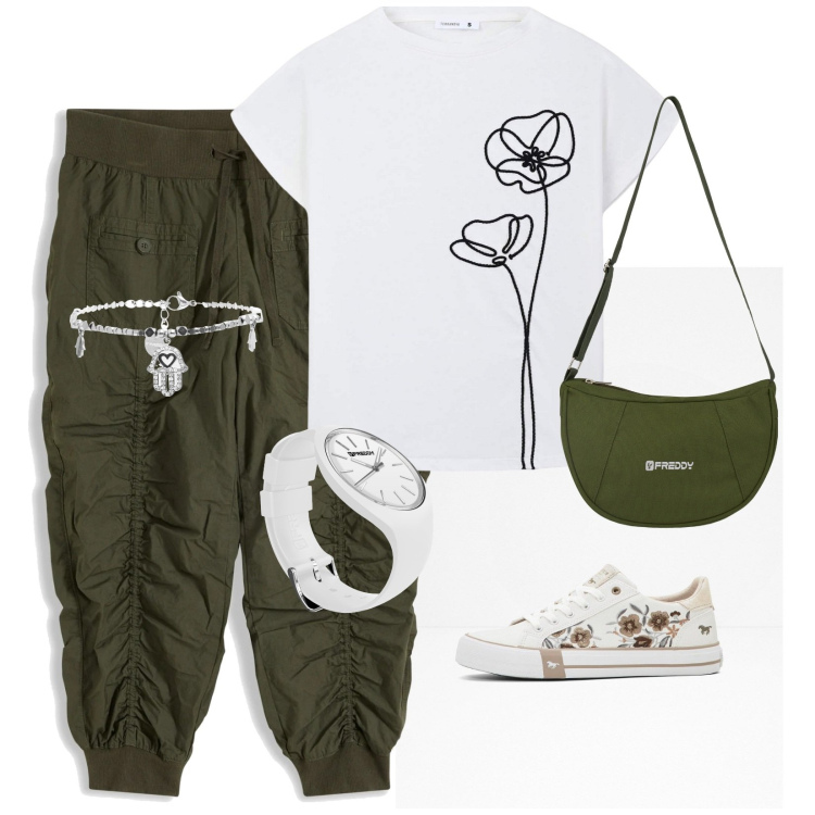 Outfit donna - Total look #2109807. Abbinamento con pantaloni capri, sneakers, t-shirt, borse a spalla, braccialetti, orologi.