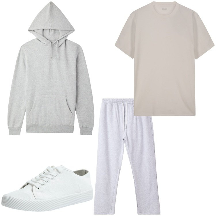 Outfit uomo - In palestra. Stile Casual per Sport. Abbinamento con felpe con cappuccio, sneakers, pantaloni sportivi, t-shirt.