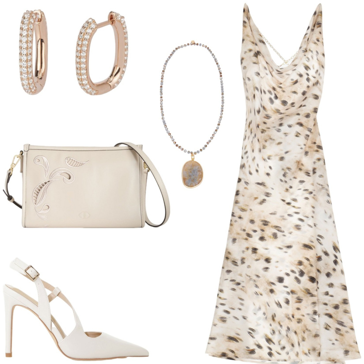 Outfit donna - Cerimonia informale. Stile Romantica per Cerimonia. Abbinamento con orecchini, vestiti, décolleté, ciondoli, borse a tracolla.