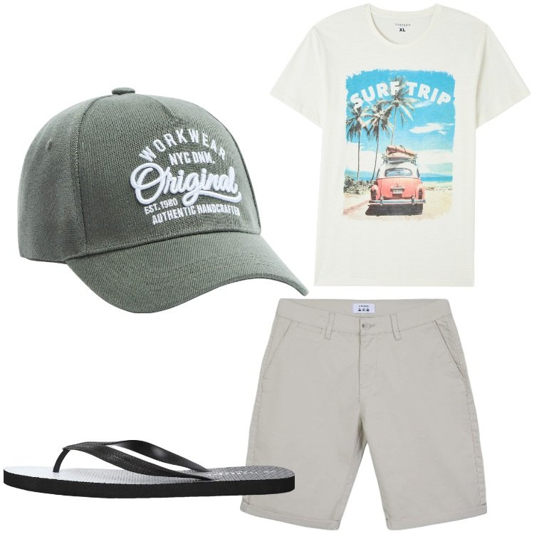 Outfit uomo - Mare 2025. Stile Casual per Mare. Abbinamento con sandali, cappelli, t-shirt, bermuda.