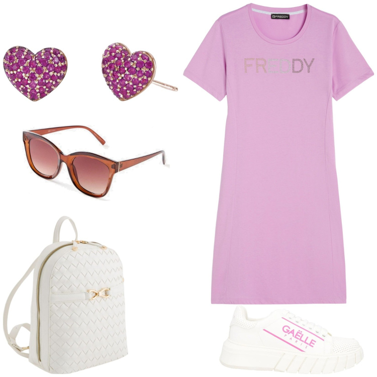 Outfit donna - Baby style. Stile Basic per Tutti i giorni. Abbinamento con occhiali da sole, sneakers, orecchini, vestiti lunghi, zaini.