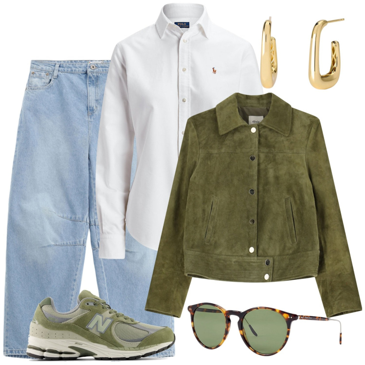 Outfit donna - Total look #2109826. Abbinamento con orecchini, sneakers, jeans, giacche, camicie, occhiali da sole.
