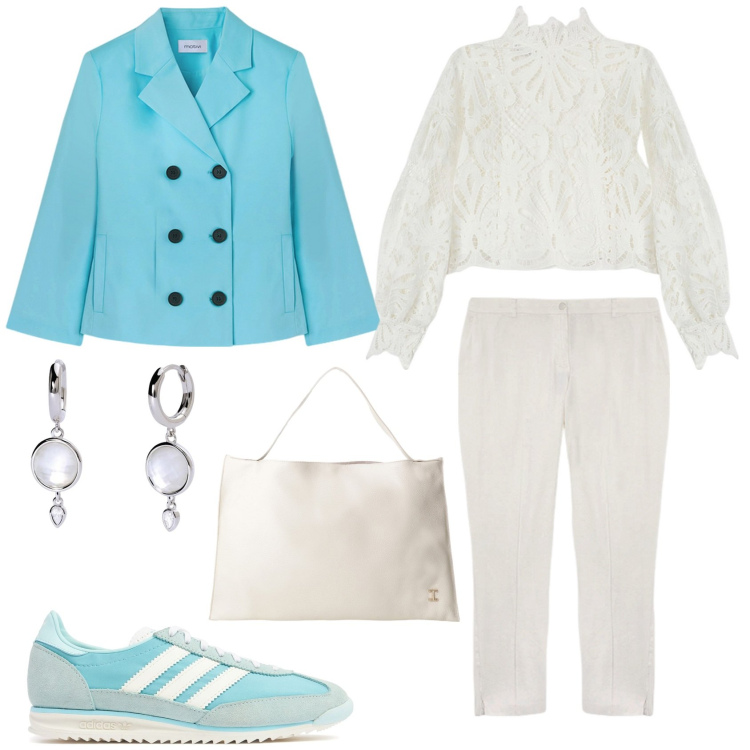 Outfit donna - Eclettica. Stile Casual chic per Tutti i giorni. Abbinamento con orecchini, borse a spalla, pantaloni chino, blazer, bluse, sneakers.