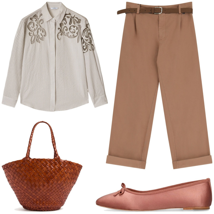 Outfit donna - Total look. Stile Casual per Tutti i giorni. Abbinamento con pantaloni chino, shopping bag, ballerine, camicie.