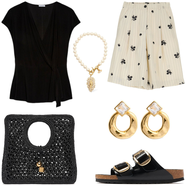 Outfit donna - T-shirt e bermuda. Stile Casual per Tutti i giorni. Abbinamento con bermuda, bluse, orecchini, sandali, collane, shopping bag.