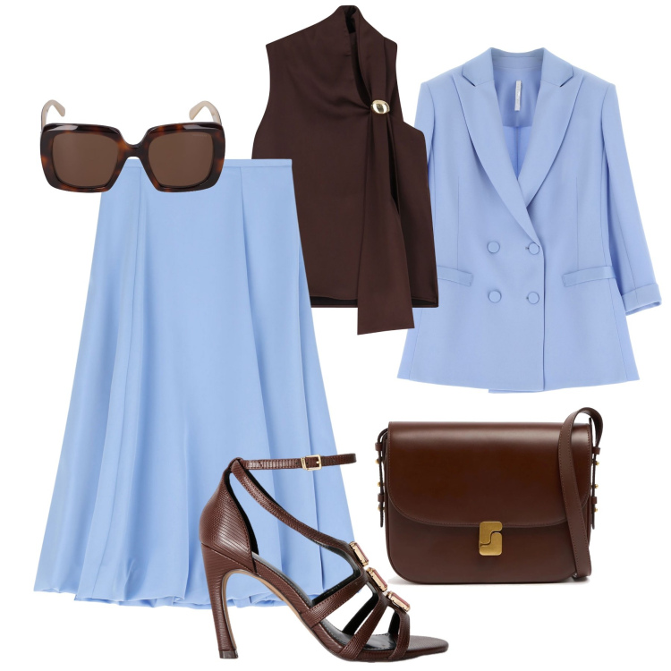 Outfit donna - Colori alternativi alla cerimonia. Stile Chic per Cerimonia. Abbinamento con gonne longuette, blazer, top, sandali gioiello, borse a spalla, occhiali da sole.