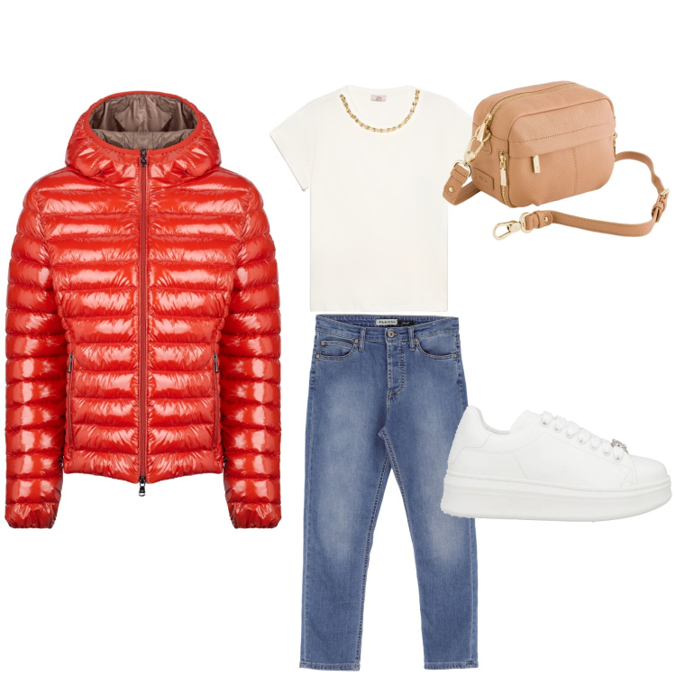 Outfit donna - Casual in prima vera. Stile Casual per Mare. Abbinamento con sneakers, jeans, blazer, borse a tracolla, t-shirt.