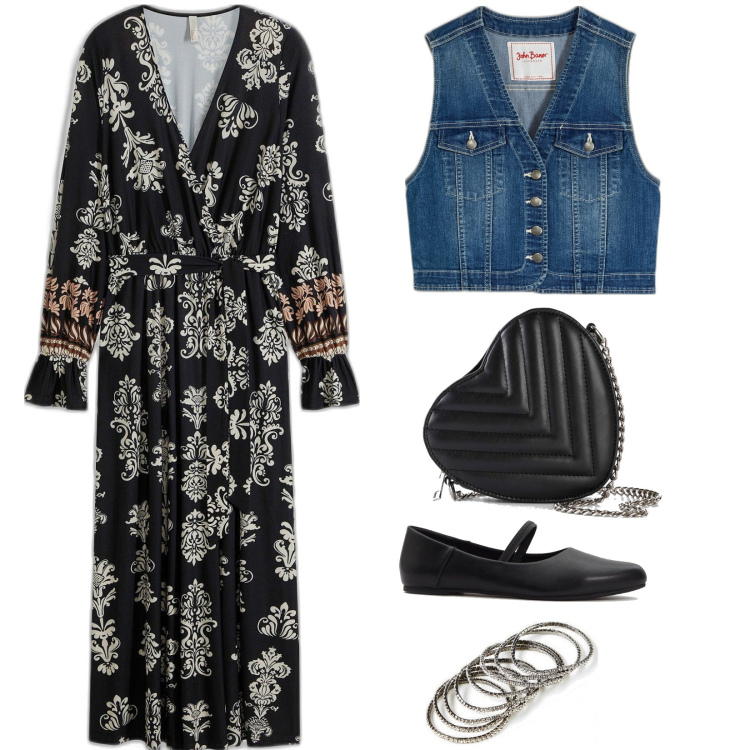 Outfit donna - Boho. Stile Etnico per Ufficio. Abbinamento con gilet, ballerine, vestiti midi/longuette, borse a tracolla, braccialetti.