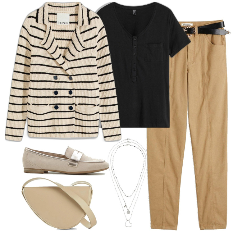 Outfit donna - La giacca a righe. Stile Mannish per Ufficio. Abbinamento con t-shirt, collane, cardigans, pantaloni, mocassini, borse a tracolla.