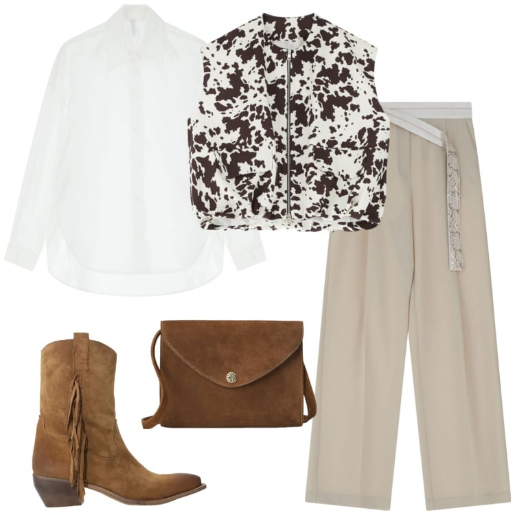 Outfit donna - Cow girl. Stile Trendy per Ufficio. Abbinamento con pantaloni, gilet, camicie, stivali, borse a tracolla.