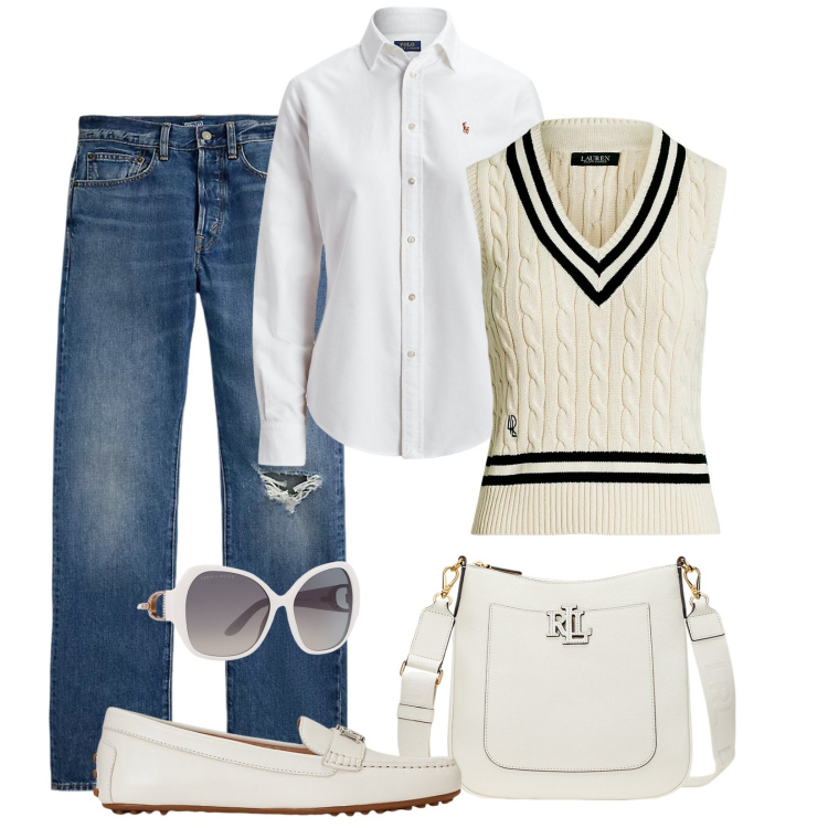Outfit donna - Total look #2109871. Abbinamento con camicie, occhiali da sole, jeans dritti, mocassini, borse a tracolla, gilet.