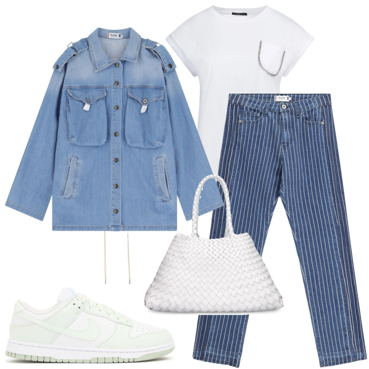 Outfit donna - Sporty chic. Stile Sporty chic per Serata fuori. Abbinamento con t-shirt, jeans slim fit, blazer, borse a spalla, sneakers.