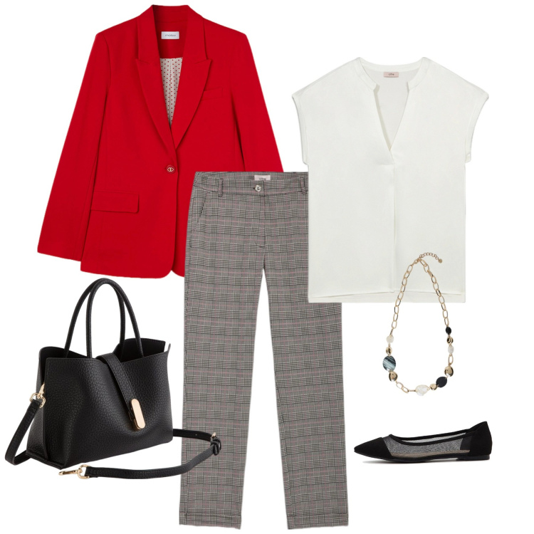 Outfit donna - Total look #2109882. Stile Minimal per Ufficio. Abbinamento con ballerine, collane, t-shirt, pantaloni, borse a mano, blazer.