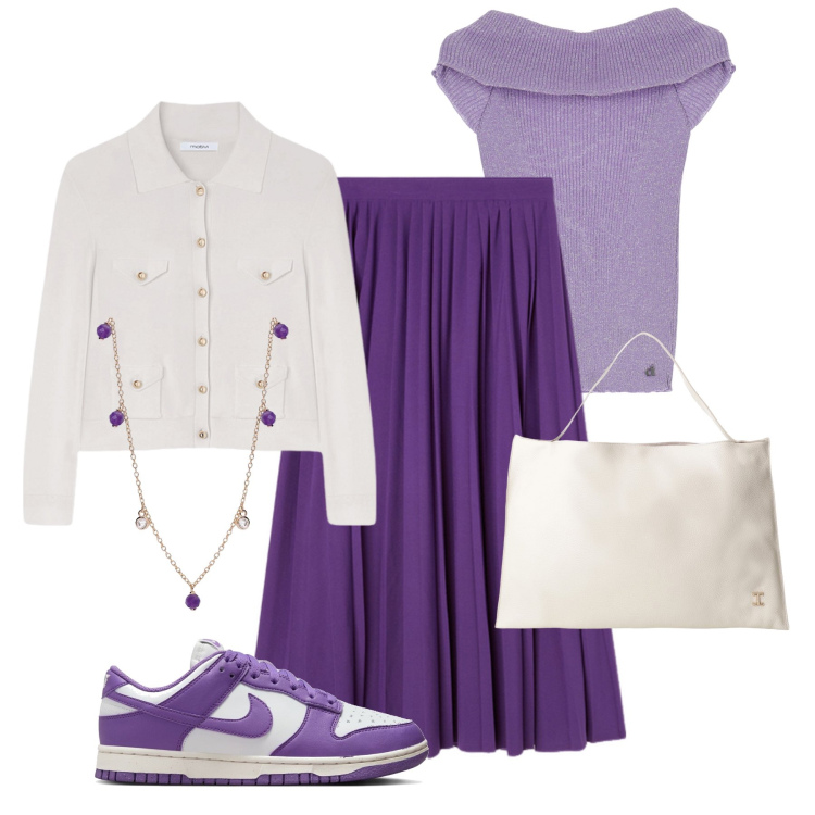 Outfit donna - Viola e glicine city time. Stile Casual chic per Tutti i giorni. Abbinamento con collane, borse a spalla, pullovers, gonne longuette, sneakers, cardigans.