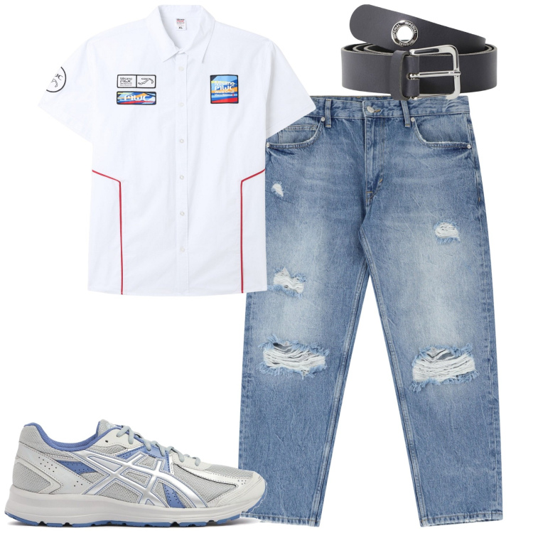 Outfit uomo - City. Stile Casual per Tutti i giorni. Abbinamento con camicie a manica corta, jeans strappati, cinture, sneakers.