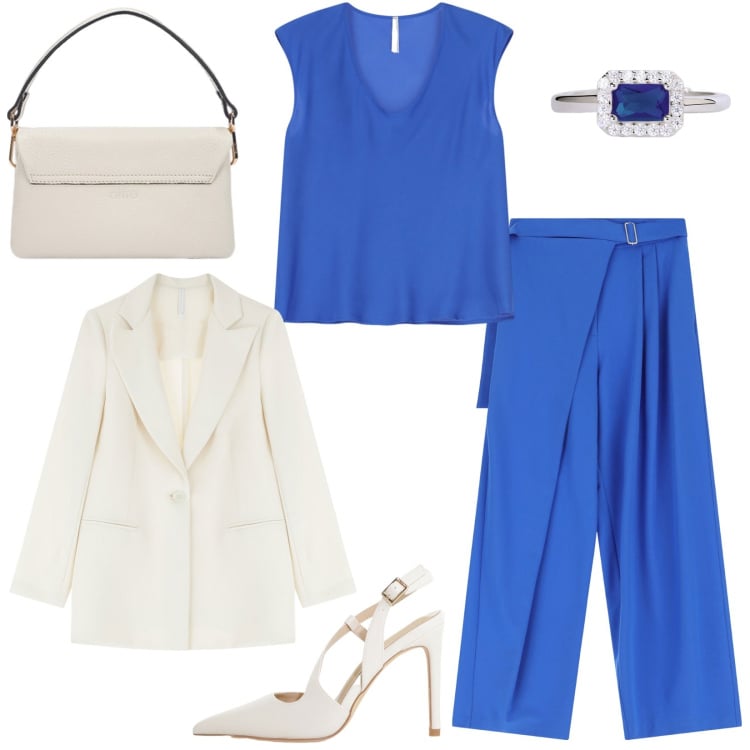 Outfit donna - Outfit bluette per l\'ufficio. Stile Mannish per Ufficio. Abbinamento con anelli, pantaloni a palazzo, décolleté, blazer, top, borse a tracolla.