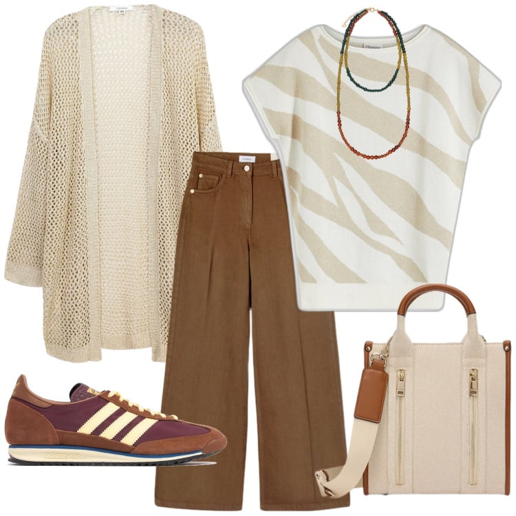 Outfit donna - Total look #2109898. Stile Minimal per Tutti i giorni. Abbinamento con maglieria, kimono, pantaloni, sneakers, ciondoli, borse tote.