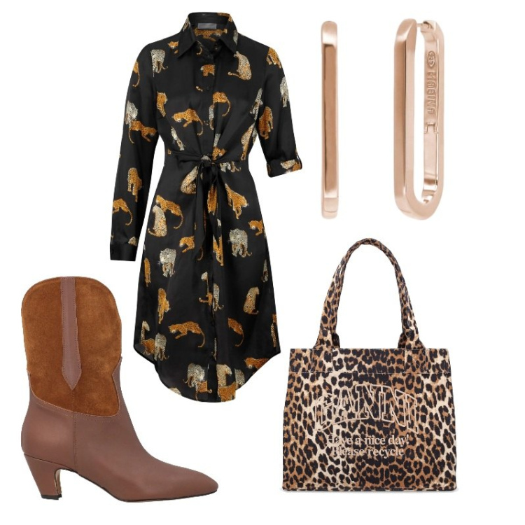Outfit donna - Comoda al pranzo di Pasqua. Stile Casual chic per Tutti i giorni. Abbinamento con vestiti chemisier, stivaletti, orecchini, shopping bag.