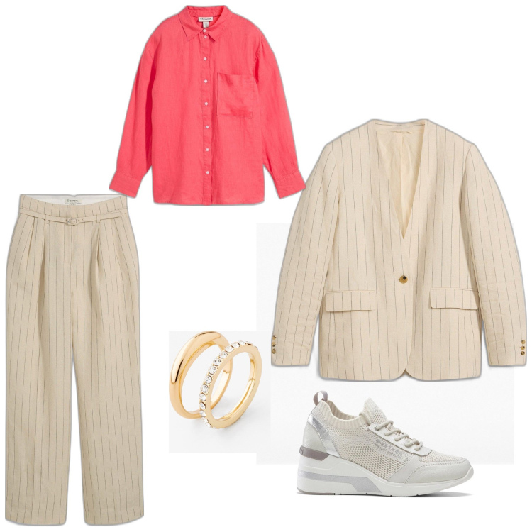 Outfit donna - Un completo gessato in ufficio. Stile Casual chic per Ufficio. Abbinamento con sneakers, pantaloni, blazer, anelli, camicie.