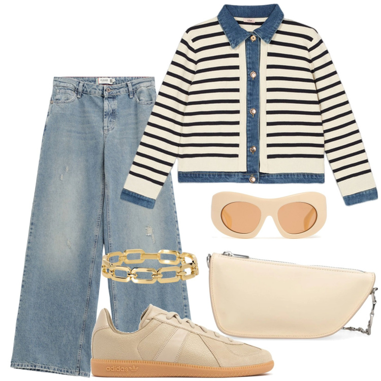 Outfit donna - Total look #2109907. Abbinamento con braccialetti, jeans, cardigans, occhiali da sole, borse a spalla, sneakers.
