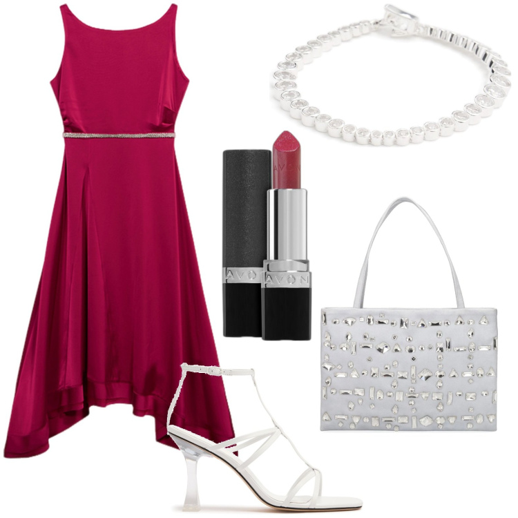 Outfit donna - La signora in rosso. Stile Glamour per Cerimonia. Abbinamento con rossetti, vestiti lunghi, borse a spalla, sandali in pelle, braccialetti.