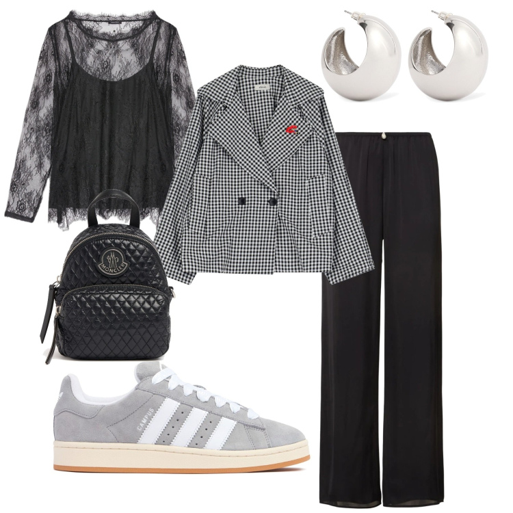 Outfit donna - Serata tra amici. Stile Casual per Serata fuori. Abbinamento con blazer, t-shirt, borse a tracolla, orecchini, sneakers, pantaloni.