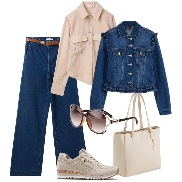 Outfit donna - Giubbino in jeans con rouches. Stile Casual per Scuola/Università. Abbinamento con sneakers, blazer, occhiali da sole, camicie, jeans, shopping bag.