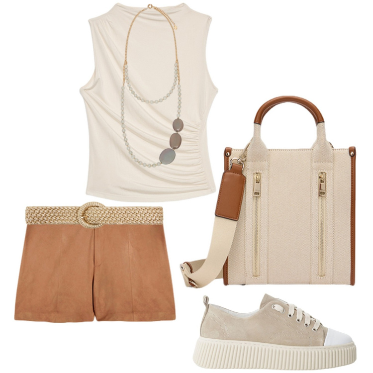 Outfit donna - A spasso per la città. Stile Casual chic per Tutti i giorni. Abbinamento con cinture, sneakers, shorts, top, borse tote, collane.