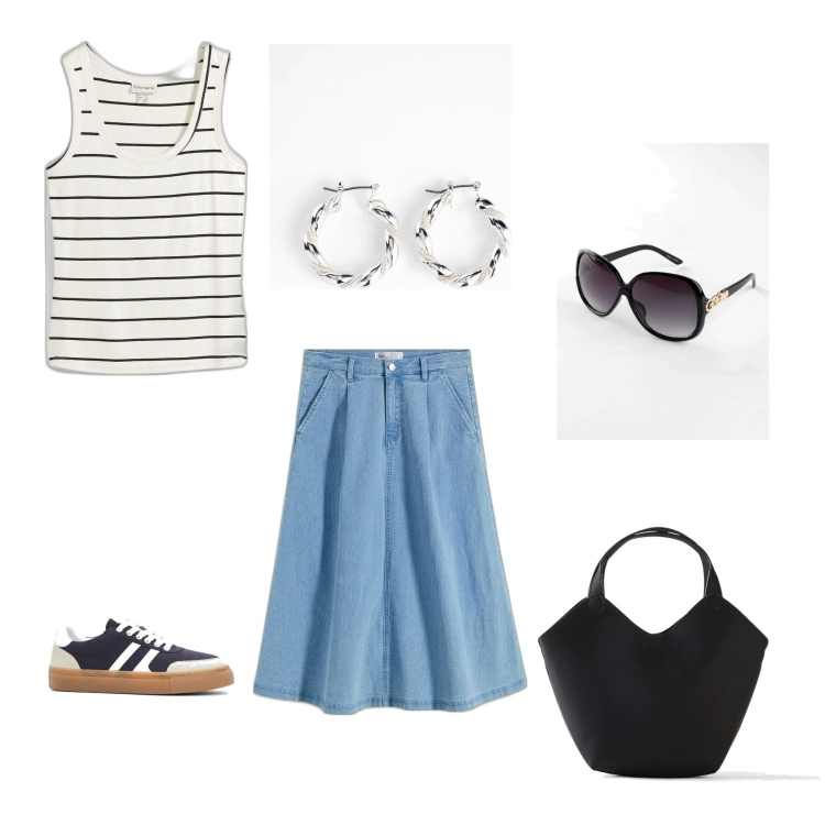Outfit donna - Relax in città. Stile Casual per Tutti i giorni. Abbinamento con orecchini, occhiali da sole, sneakers, canottiere, gonne longuette, borse a mano.