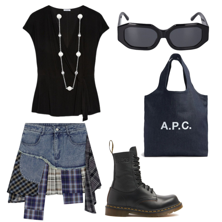 Outfit donna - Woman in the rock. Stile Rock per Tutti i giorni. Abbinamento con collane, minigonne, bluse, occhiali da sole, stivali, shopping bag.