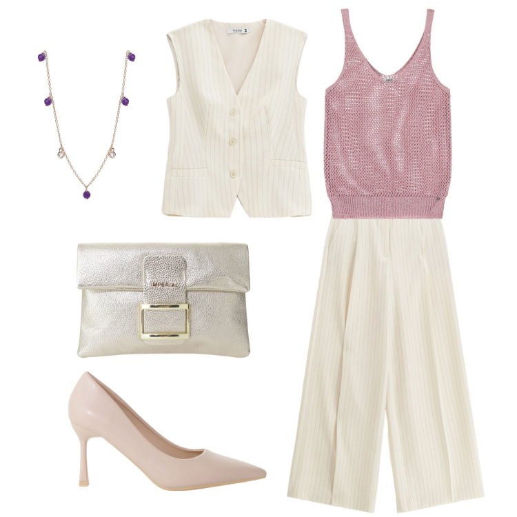 Outfit donna - Serata casual chic. Stile Casual chic per Serata fuori. Abbinamento con collane, pantaloni a palazzo, canottiere, gilet, décolleté, pochette.