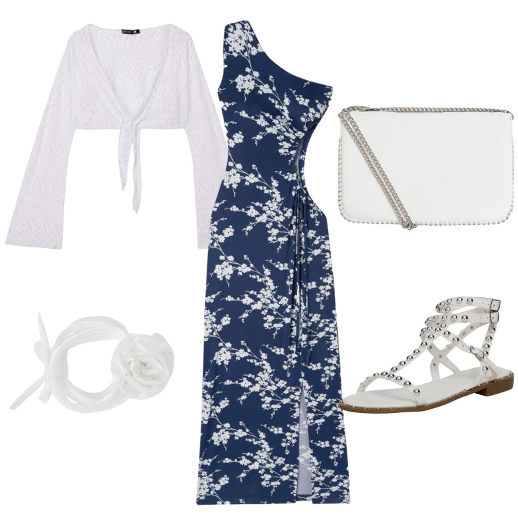 Outfit donna - Look Floreale con dettagli bianchi. Stile Casual chic per Serata fuori. Abbinamento con vestiti asimmetrici, collane, sandali, borse a tracolla, bolero.