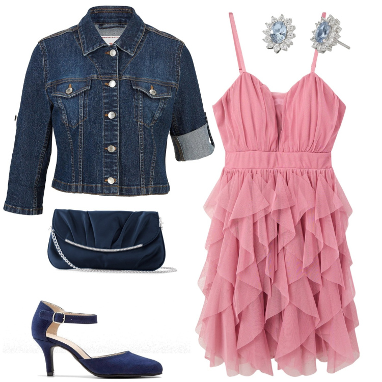 Outfit donna - Voglia d\'estate. Stile Glamour per Serata fuori. Abbinamento con décolleté, pochette, blazer, vestiti corti, orecchini.