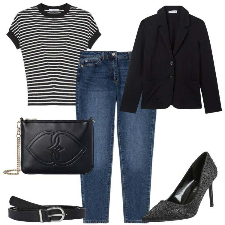 Outfit donna - Total look #2109934. Stile Mannish per Ufficio. Abbinamento con cinture, blazer, décolleté, pochette, jeans slim fit, maglieria.