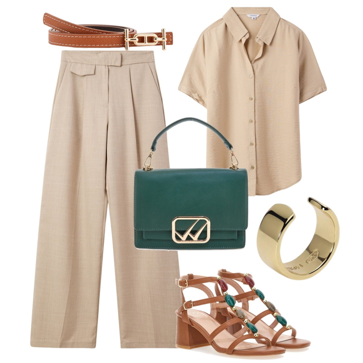 Outfit donna - Focus accessori in ufficio. Stile Glamour per Ufficio. Abbinamento con camicie a manica corta, pantaloni, orecchini, sandali col tacco, borse a tracolla, cinture.