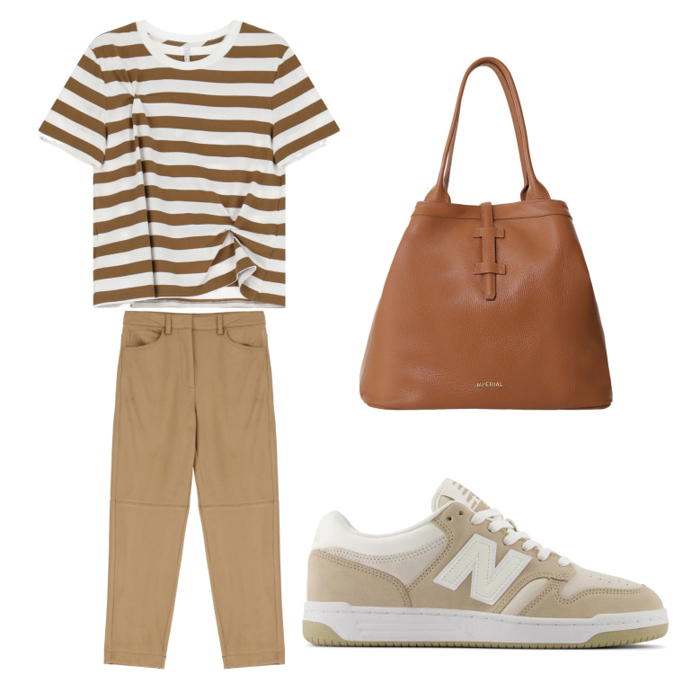 Outfit donna - Aperitivo. Stile Trendy per Ufficio. Abbinamento con sneakers, pantaloni chino, t-shirt, borse tote.