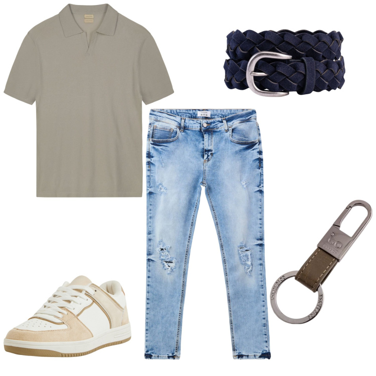 Outfit uomo - Every. Stile Urban per Tutti i giorni. Abbinamento con jeans strappati, sneakers, polo, cinture, portachiavi.