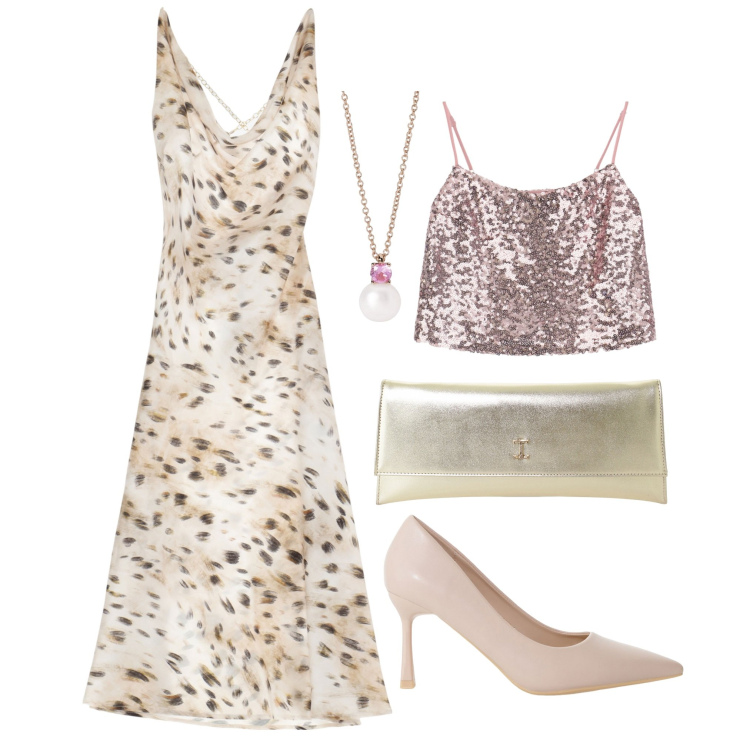 Outfit donna - Please Party. Stile Glamour per Serata fuori. Abbinamento con collane, vestiti, top, décolleté, pochette.