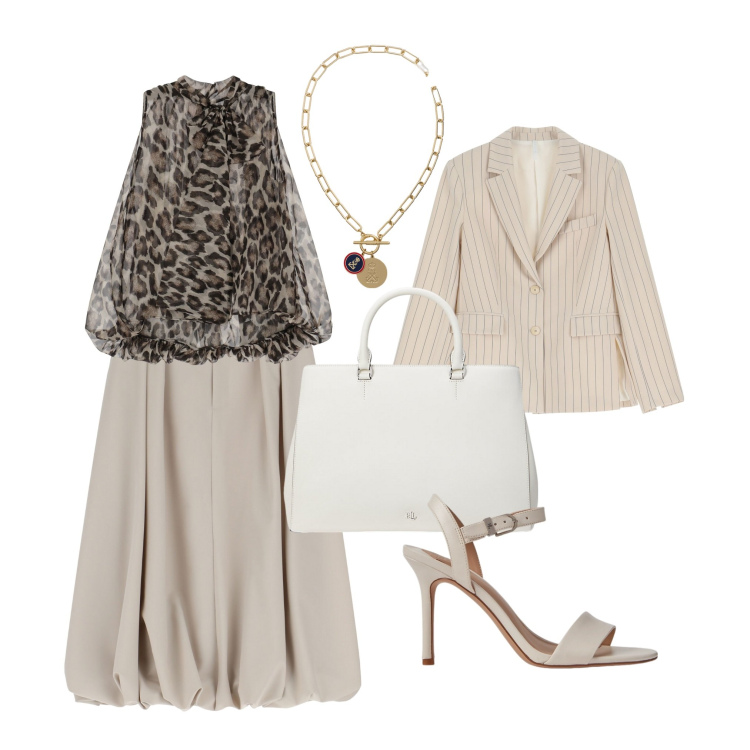 Outfit donna - Urban animalier. Stile Urban per Ufficio. Abbinamento con camicie, gonne longuette, blazer, sandali in pelle, ciondoli, borse a mano.