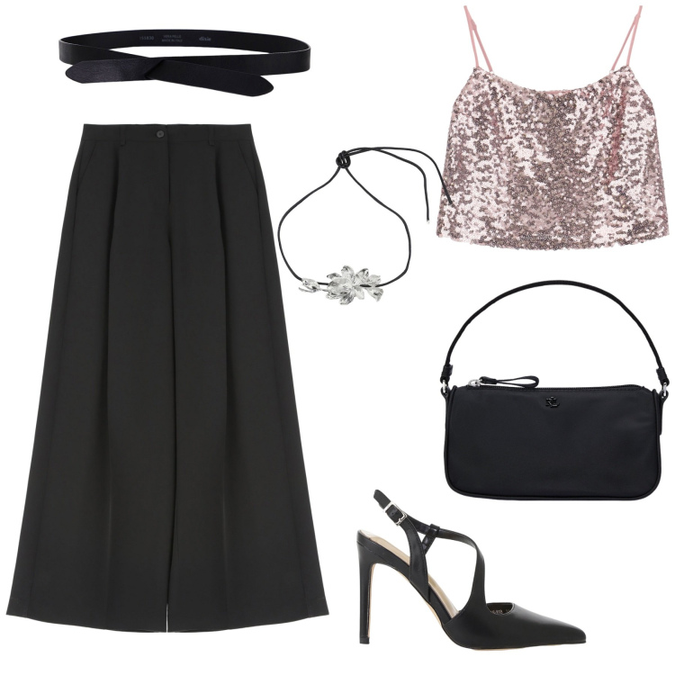 Outfit donna - Party please. Stile Casual chic per Serata fuori. Abbinamento con pantaloni a palazzo, top, décolleté, cinture, collane, pochette.