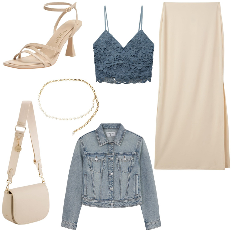 Outfit donna - Spring spritz. Stile Casual per Tutti i giorni. Abbinamento con gonne lunghe, blazer, top, sandali col tacco, collane, borse a tracolla.