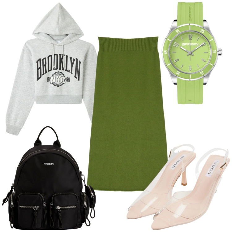 Outfit donna - Lo stile Athleisure: gonna midi e felpa. Stile Trendy per Tutti i giorni. Abbinamento con sandali col tacco, felpe con cappuccio, gonne longuette, orologi, zaini.
