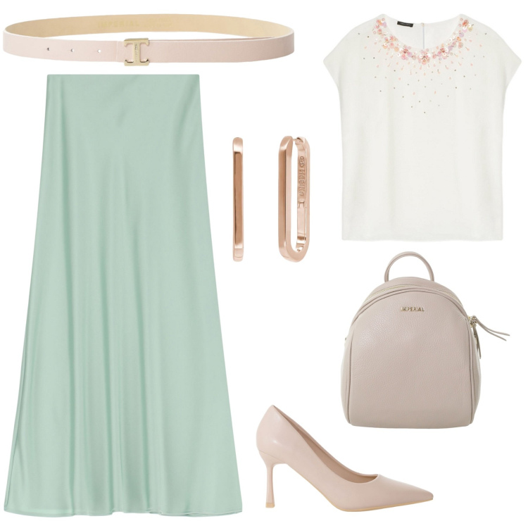 Outfit donna - Pasqua chic. Stile Bon Ton per Cerimonia. Abbinamento con orecchini, décolleté, gonne lunghe, zaini, cinture, bluse.