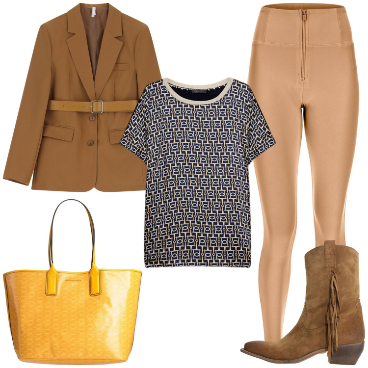Outfit donna - Mix di stili. Stile Casual per Tutti i giorni. Abbinamento con borse a mano, blazer, pantaloni skinny, stivali, t-shirt.