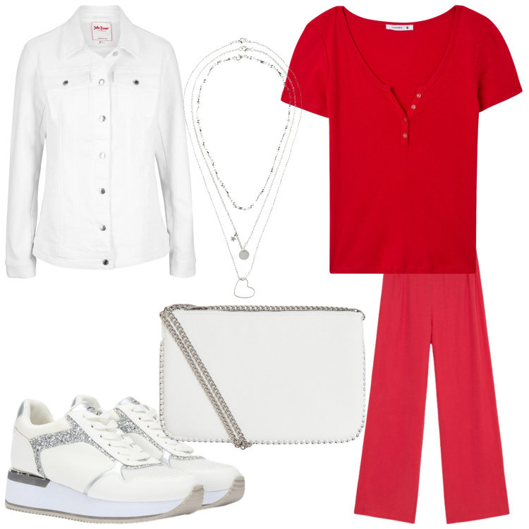 Outfit donna - Panna e fragole. Stile Casual per Tutti i giorni. Abbinamento con collane, blazer, t-shirt, borse a tracolla, pantaloni a palazzo, sneakers.