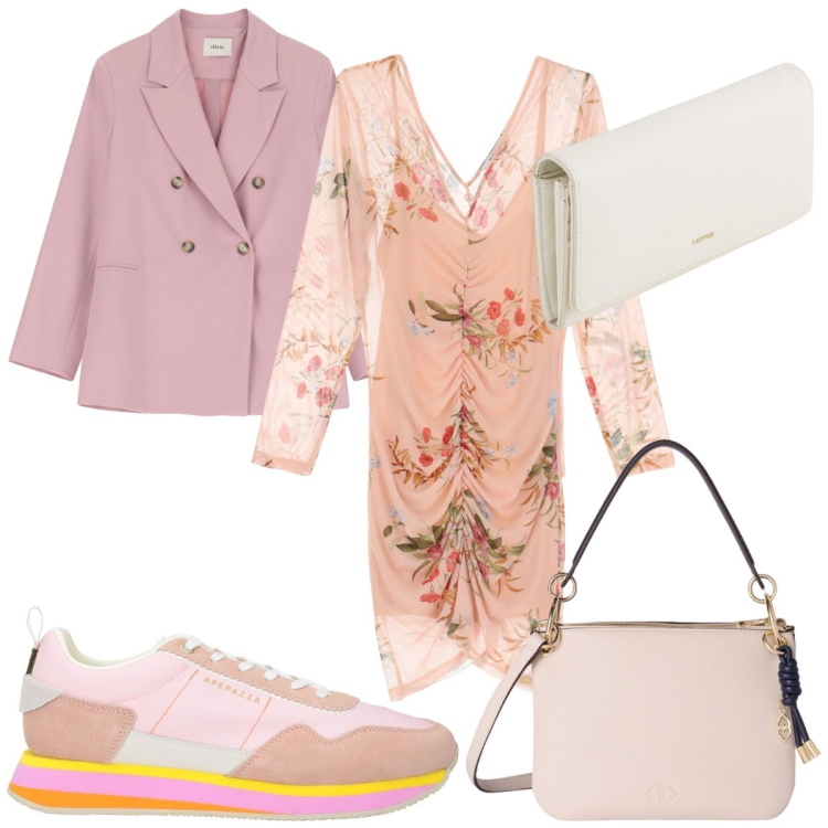 Outfit donna - Le sneakers di tendenza: romantica. Stile Romantica per Tutti i giorni. Abbinamento con sneakers, vestiti corti, blazer, portafogli, borse a tracolla.