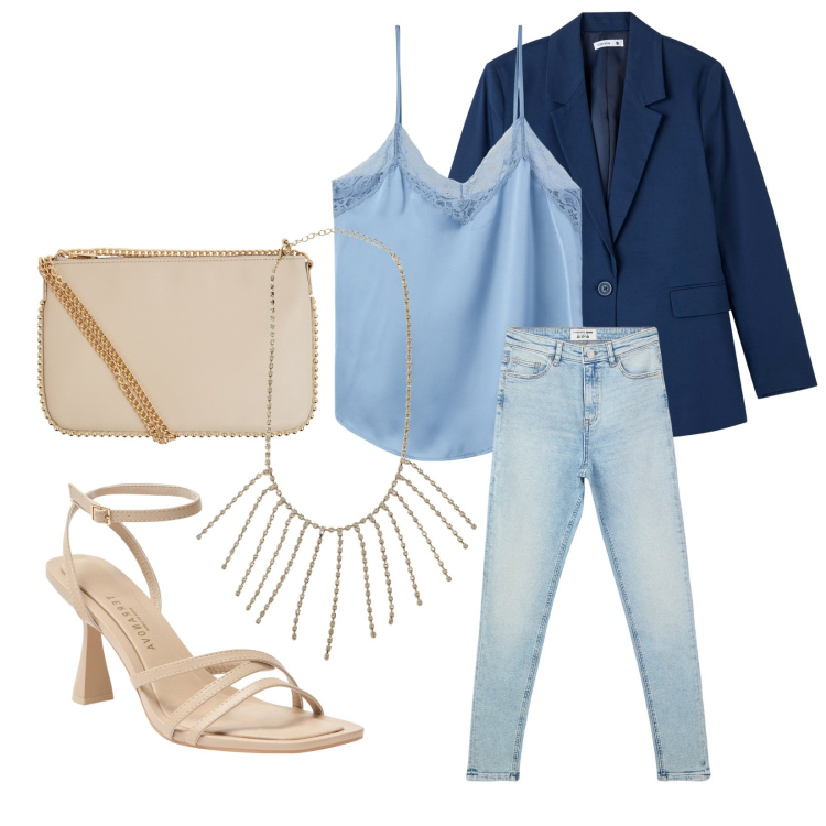 Outfit donna - Caffè pomeridiano. Stile Casual chic per Tutti i giorni. Abbinamento con jeans skinny, borse a tracolla, blazer, top, sandali col tacco, collane.