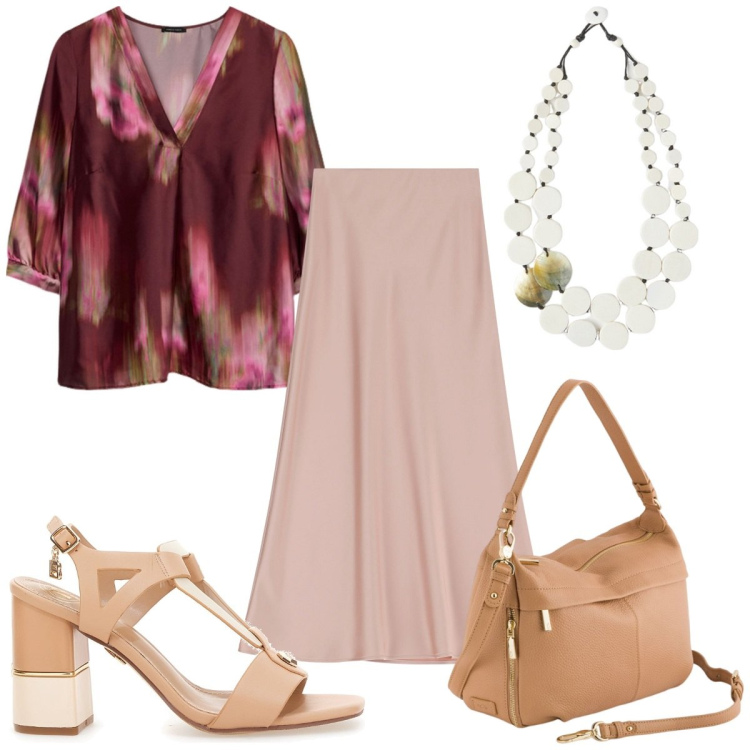 Outfit donna - Gonne a trapezio e bluse leggere: trendy. Stile Trendy per Tutti i giorni. Abbinamento con gonne lunghe, bluse, sandali col tacco, borse a tracolla, ciondoli.