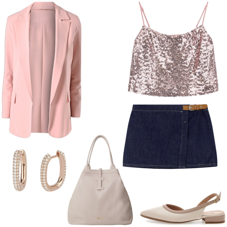 Outfit donna - Mini e blazer. Stile Sporty chic per Serata fuori. Abbinamento con orecchini, blazer, minigonne, top, borse tote, ballerine.